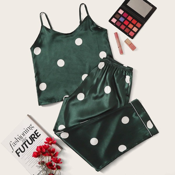 

Polka Dot Satin Cami Pajama Set, Dark green