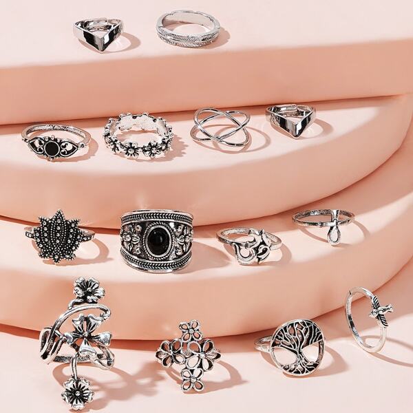 

Hollow Out Flower Decor Ring 14pcs, Silver