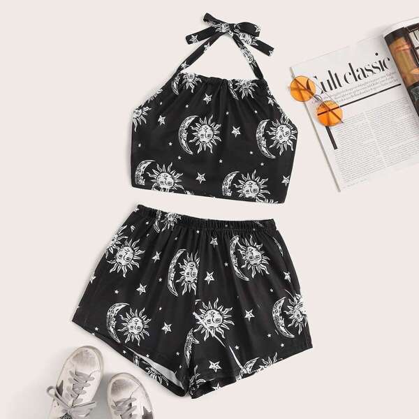

Sun Moon Star Print Halter Top & Shorts