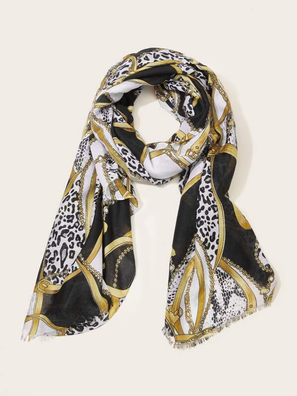 

Leopard & Chain Pattern Scarf, Multicolor