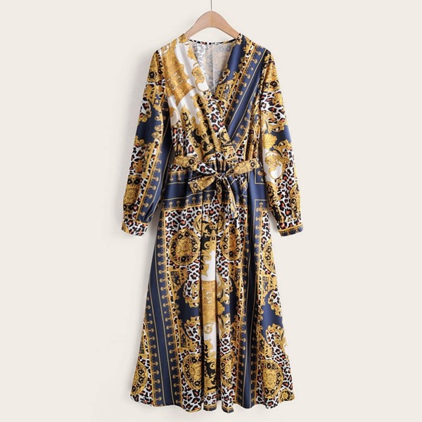 

Leopard And Baroque Print Surplice Dress