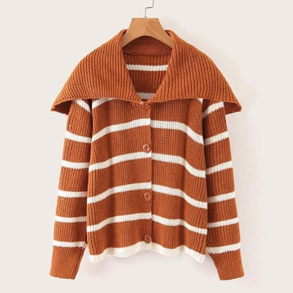 

Striped Dropped Shoulder Foldover Cardigan
