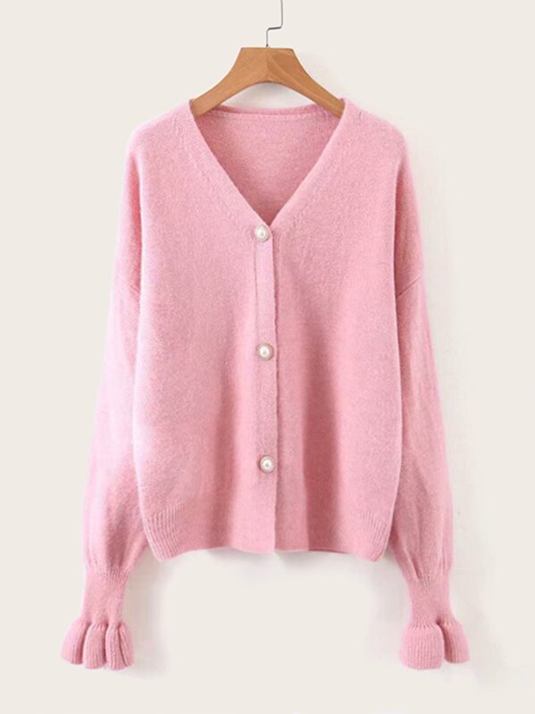 

Solid V-Neck Ruffle Cuff Cardigan, Pink