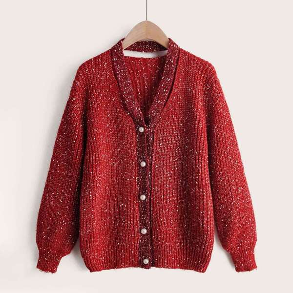 

Contrast Trim Pearls Space Dye Cardigan