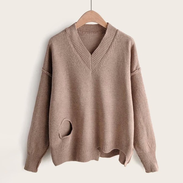 

V-Neck Cut Out Asymmetrical Hem Sweater