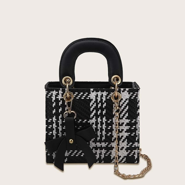

Bow Charm Decor Braided Satchel Bag