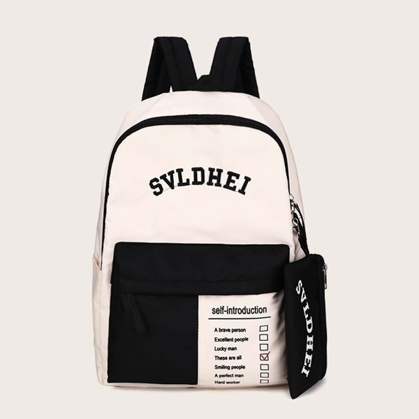 

Two Tone Slogan Print Backpack, Black and white