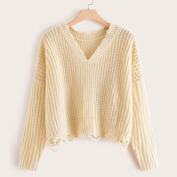 

Plus Ripped Hem Drop Shoulder Sweater, Beige pastel
