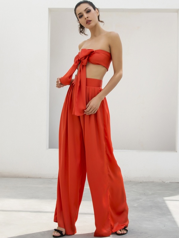 

LOVE&LEMONADE Tie Front Tube Top & Wide Leg Pants Set, Orange