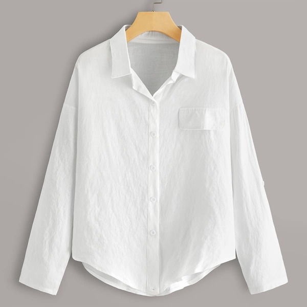 

Button Front Curved Hem Blouse, White