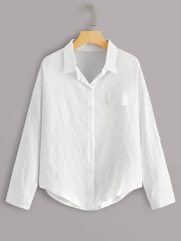

Button Front Curved Hem Blouse, White