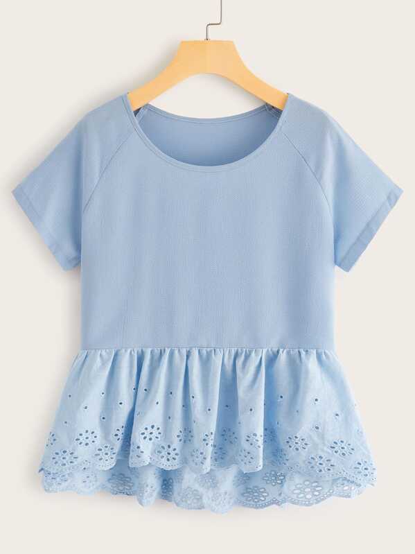 

Eyelet Embroidery Scallop Edge Peplum Blouse, Blue