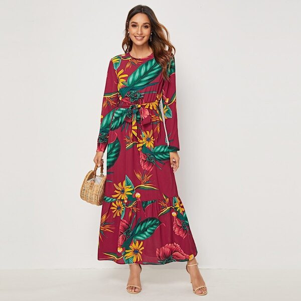 

Floral & Plants Print Self Tie Dress