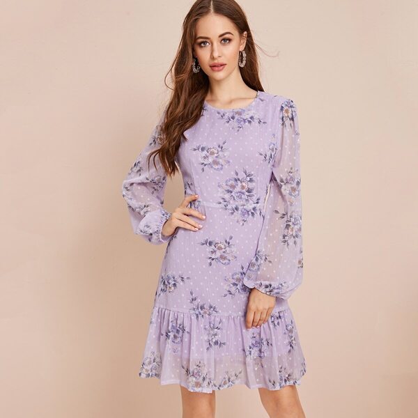 

Floral & Polka Dot Print Ruffle Hem Chiffon Dress, Purple