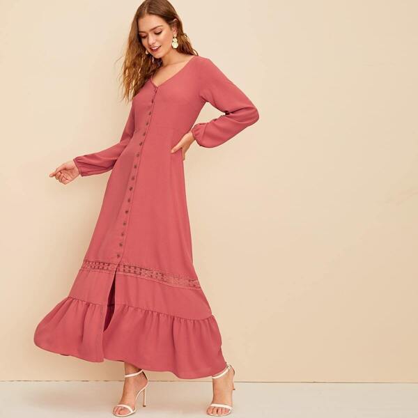 

Button Front Contrast Lace Ruffle Hem Dress, Pink