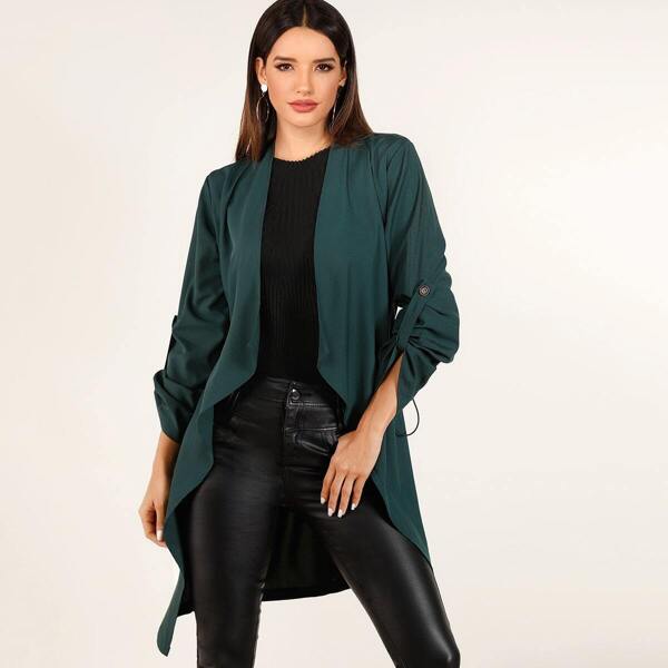 

Open Front Roll Tab Sleeve Dip Hem Coat