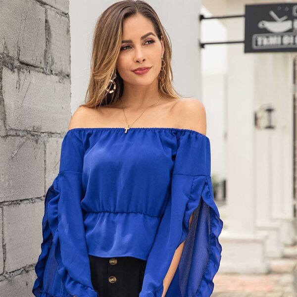 

Off The Shoulder Split Sleeve Blouse, Blue
