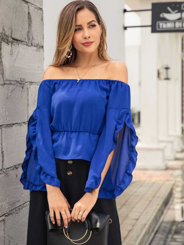 

Off The Shoulder Split Sleeve Blouse, Blue, Giulia