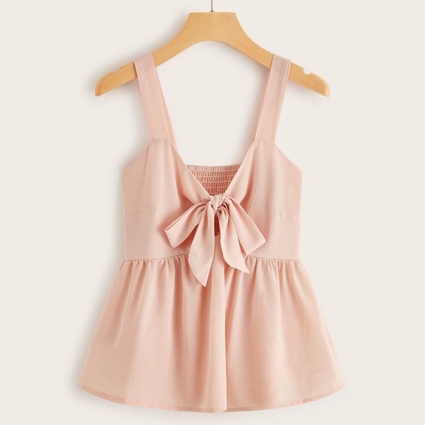 

Tie Front Shirred Tank Top, Pink