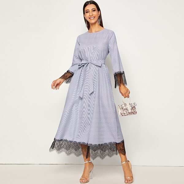 

Eyelash Lace Trim Self Belted Dress, Blue pastel