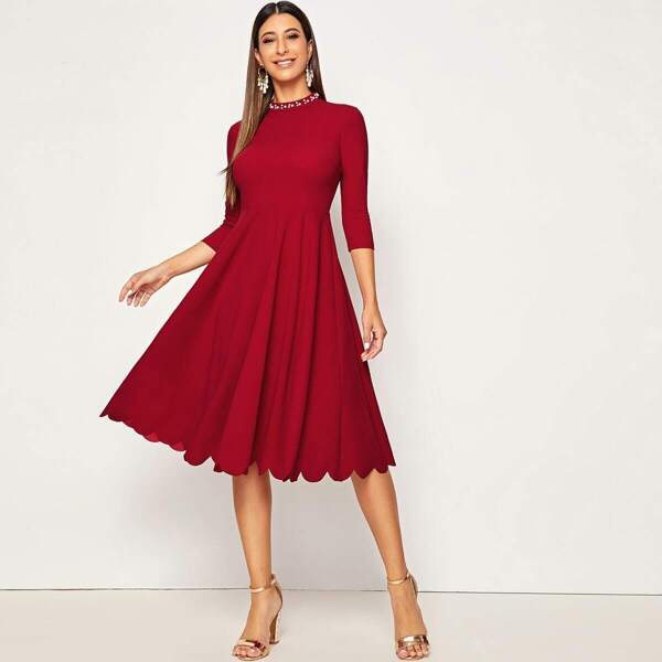 

Pearl Beaded Mock-neck Scallop Edge Dress, Burgundy