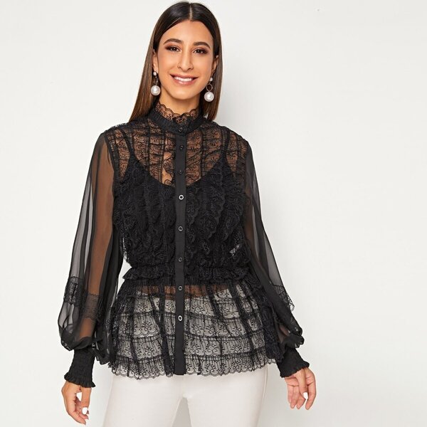 

Shirred Panel Lantern Sleeve Lace Shirt Without Cami, Black