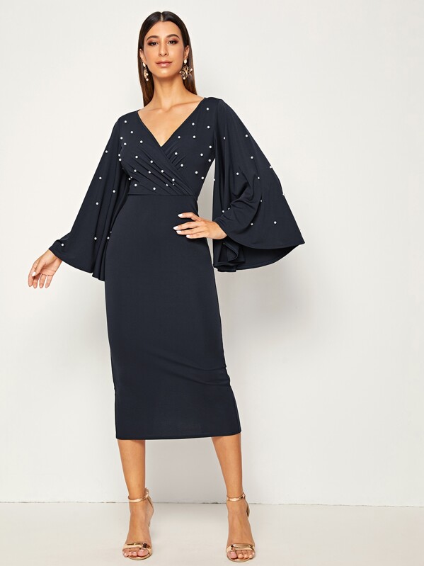 

Surplice Neck Pearl Beaded Exaggerate Bell Sleeve Split Dress, Navy, Gabe