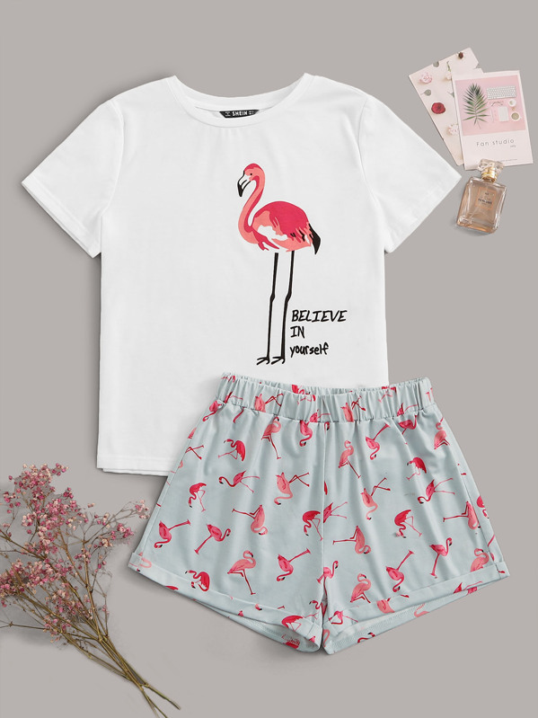 

Slogan and Flamingo Print Tee and Shorts PJ Set, Multicolor