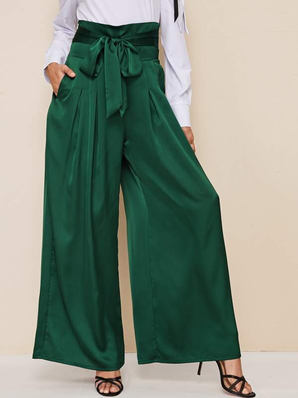 

Tied Wide Band Waist Slant Pocket Palazzo Satin Pants, Green, Gabi B