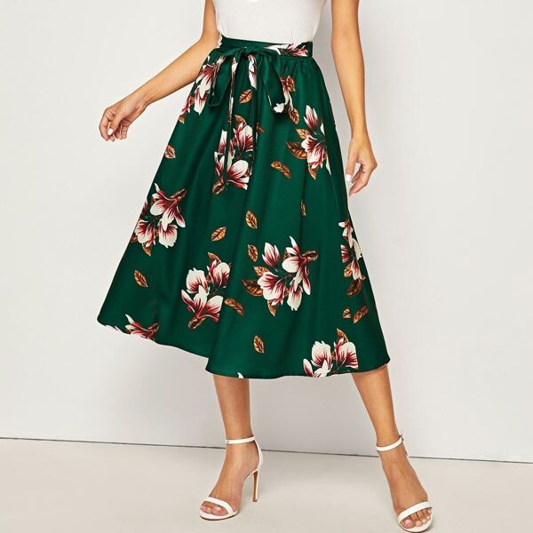 

Tie Waist Floral Print Skirt, Green