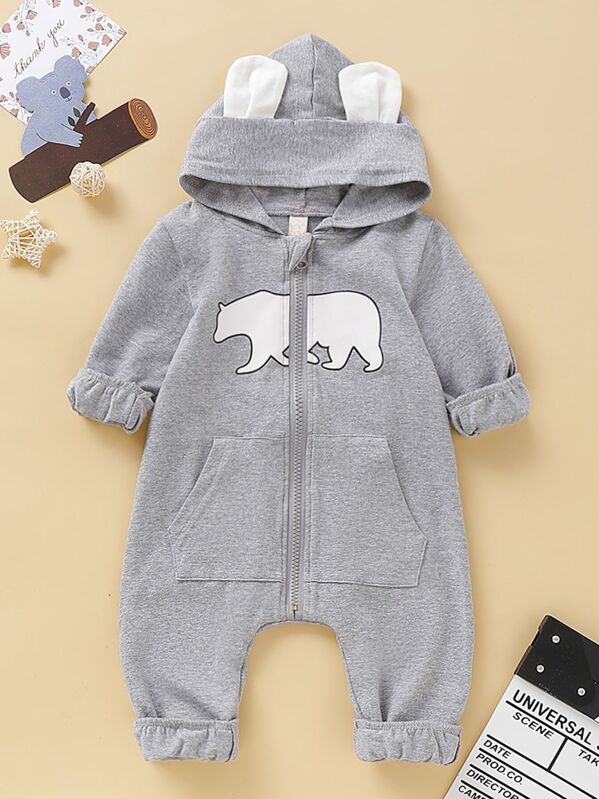 

Baby Boy Cartoon Graphic Hooded Jumpsuit, Grey