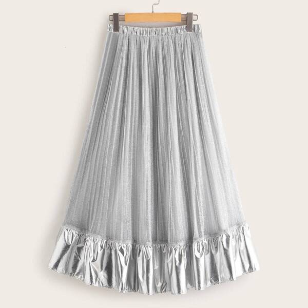 

Elastic Waist Metallic Panel Mesh Skirt, Grey
