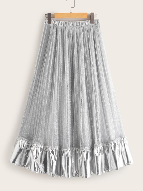 

Elastic Waist Metallic Panel Mesh Skirt, Grey