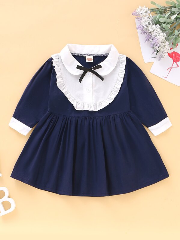 

Baby Girl Bow Neck Frill Trim A-line Dress, Navy