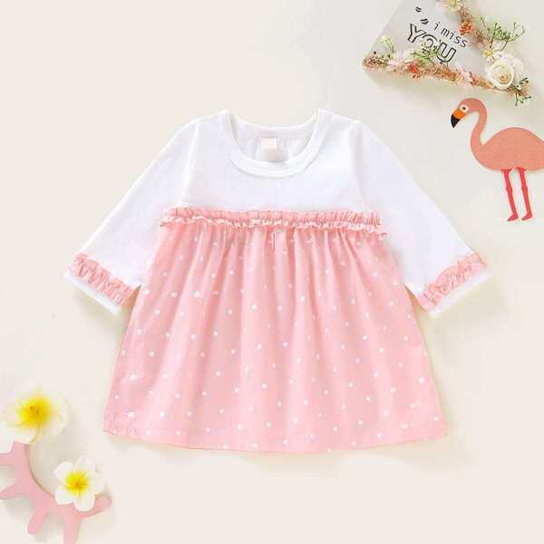 

Baby Girl Frill Trim Polka Dot Tee Dress, Pink