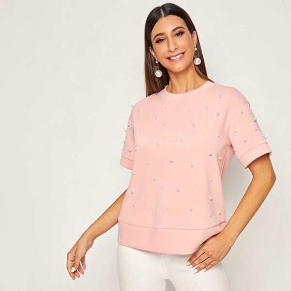 

Pearl Beaded Wide Hem Top, Pink pastel