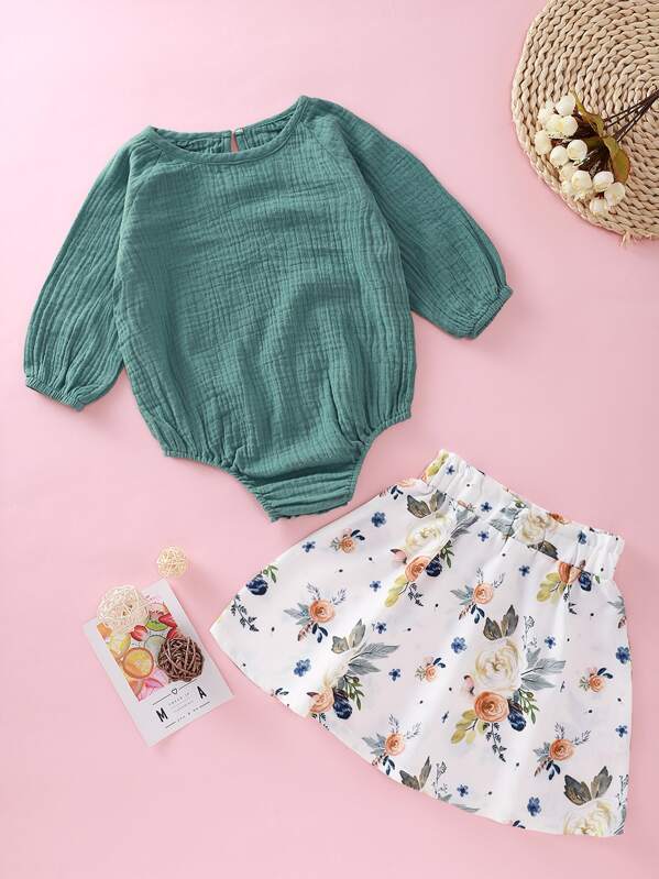 

Baby Girl Raglan Sleeve Bodysuit & Allover Floral Skirt, Multicolor