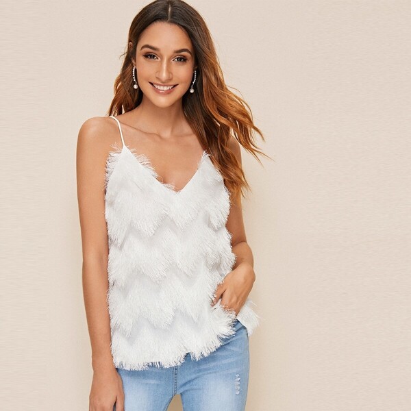 

Fringe Detail Solid Cami Top, White