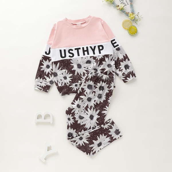 

Toddler Girls Letter & Floral Print Sweatshirt & Pants