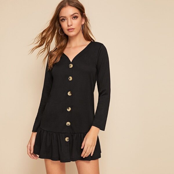 

Button Through Ruffle Hem Dress, Black