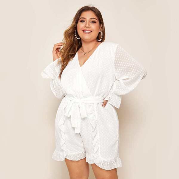 

Plus Swiss Dot Ruffle Trim Belted Romper, White