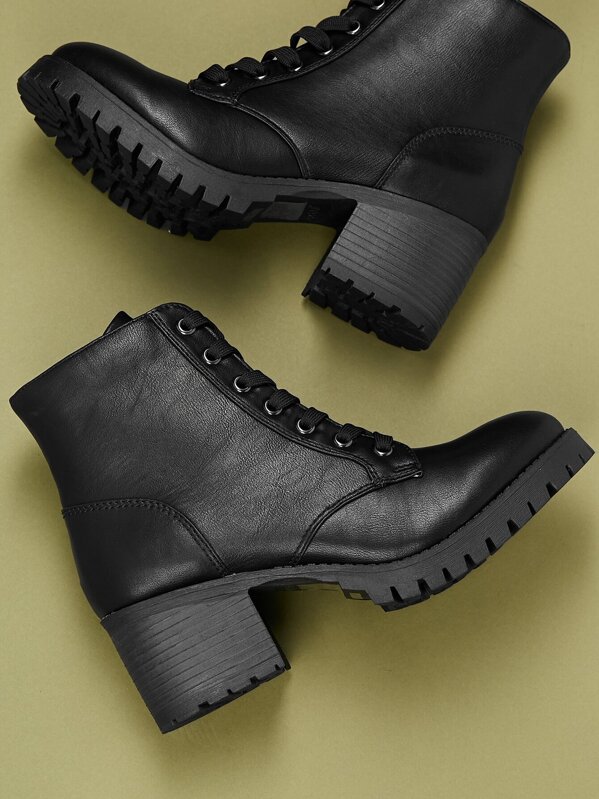

Plain Lace UP Almond Toe Ankle Booties, Black