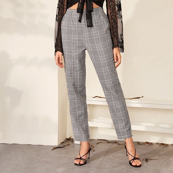 

Pocket Side Straight Leg Plaid Pants, Grey