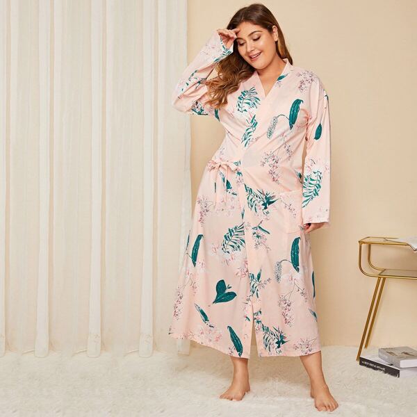 

Plus Floral Tie Waist Robe, Pink