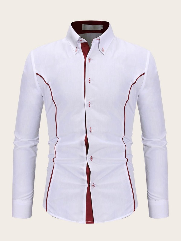 

Men Button Cuff Contrast Placket Shirt, White