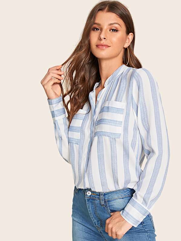 

Notched Neck Vertical Stripe Blouse, Blue, Isa