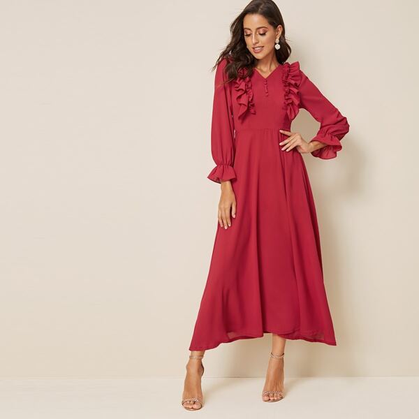 

V-neck Flounce Sleeve Frill Trim Dress, Red