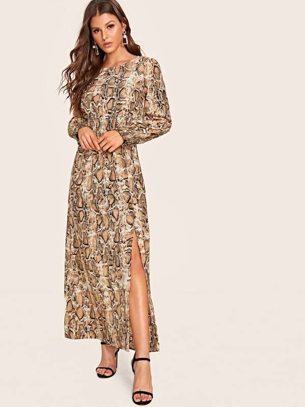

Snakeskin Print Split Thigh Shirred Dress, Multicolor, Isa