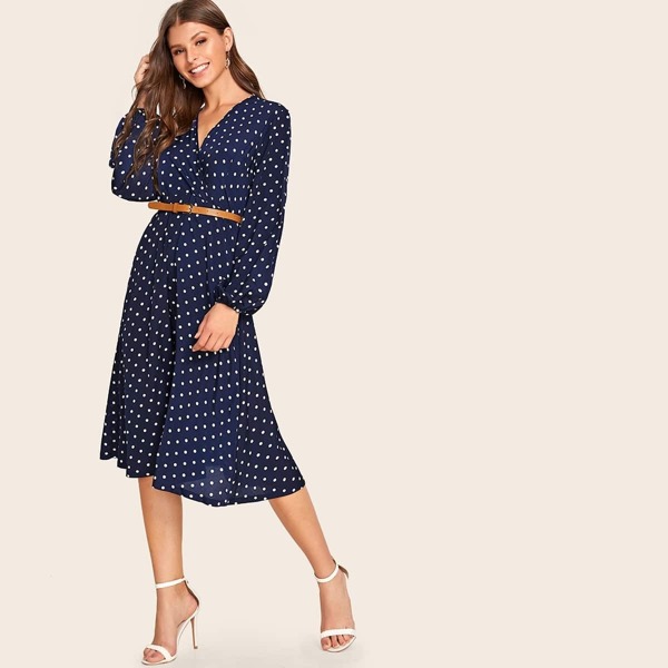 

Self Tie Polka Dot Surplice Dress, Navy