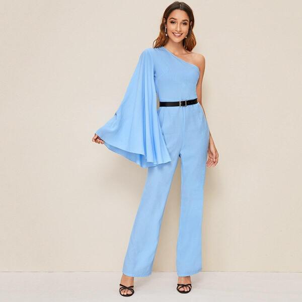 

One Shoulder Trumpet Sleeve Belted Jumpsuit